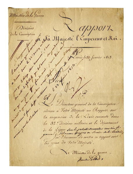 Napoleon Document Signed From 1813 as Emperor -- Upon a Report by the Minister of War